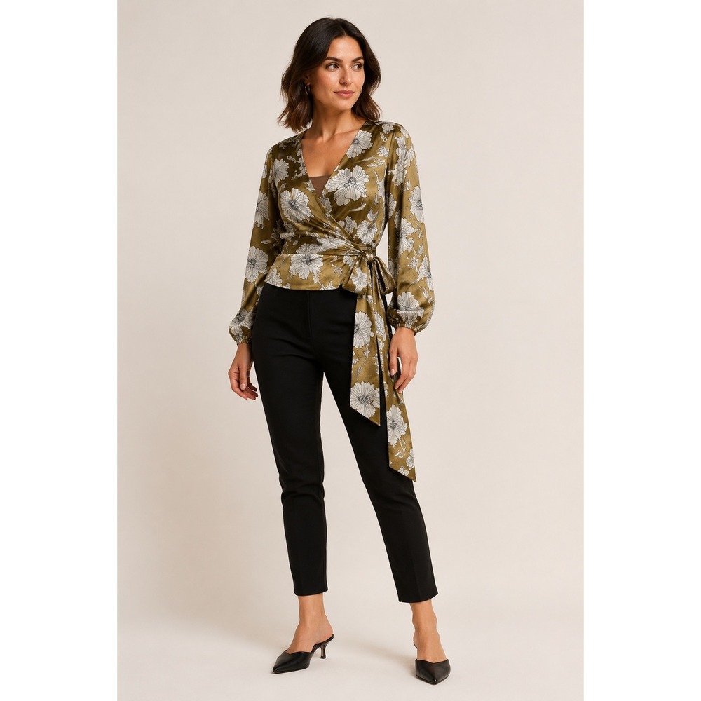 O.L.M. Floral Satin Tie Front Blouse Bronze Brown Boho Cottagecore Top Medium